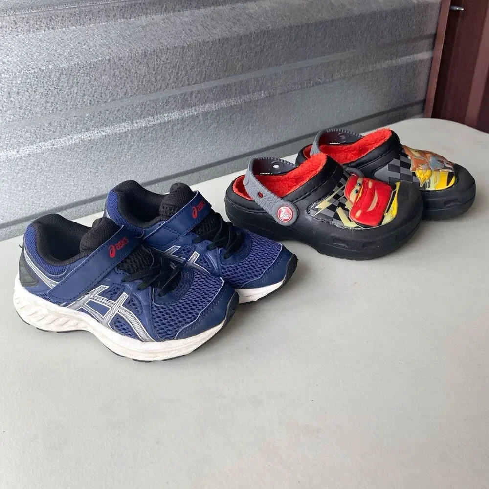 Lot 2 Boys Shoes Size 10 Asics Contend 6 Blue Sneakers Disney Cars Crocs Clogs